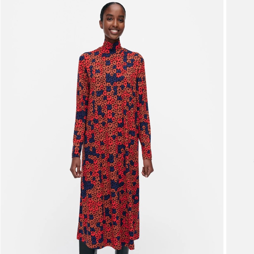 Marimekko Cavea Unikko Jersey Red and Black Long Sleeve Long dress NWTO